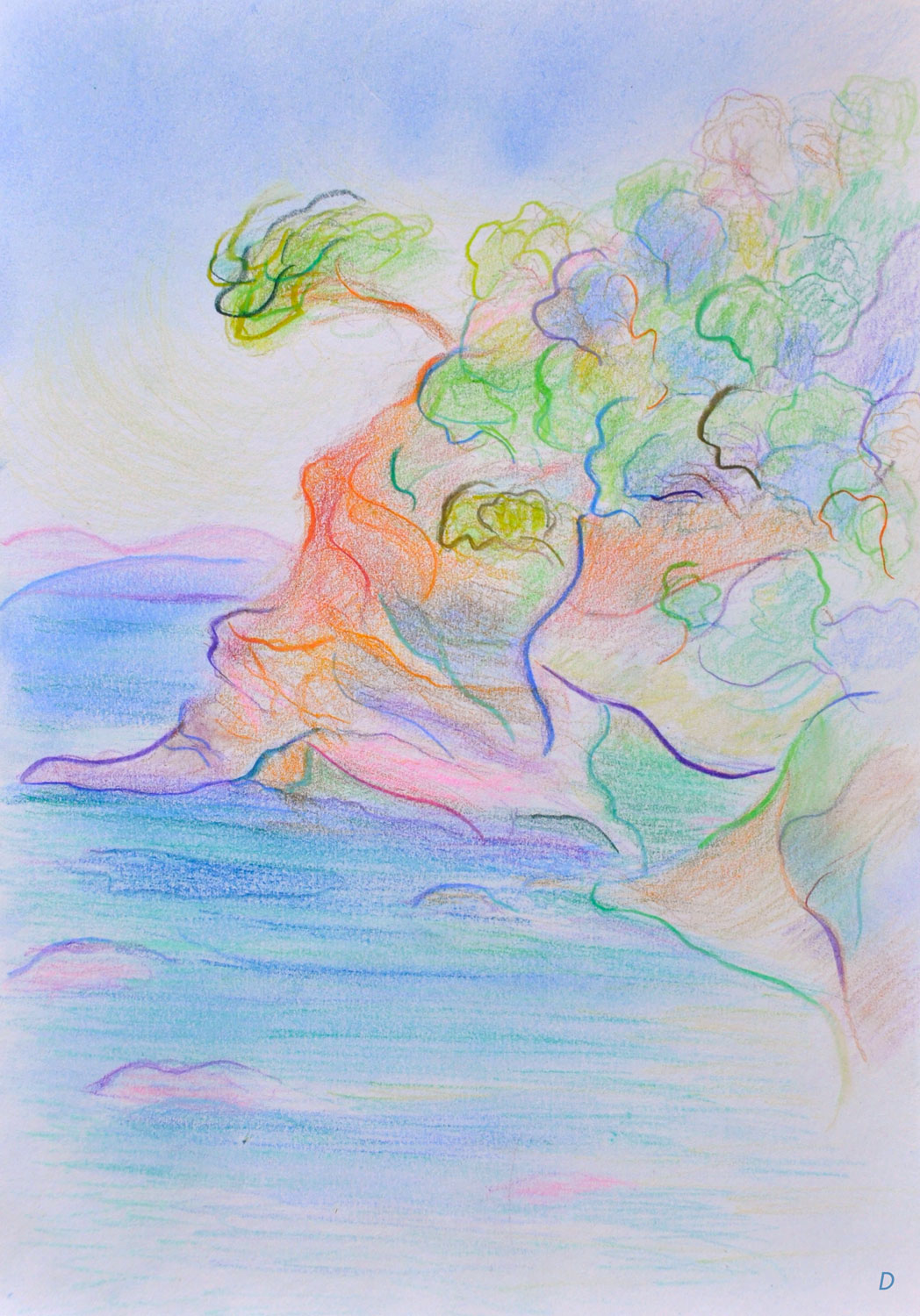 Pramousquier 1. Crayon de couleur et pastel tendre sur papier, 29x21, 2023 