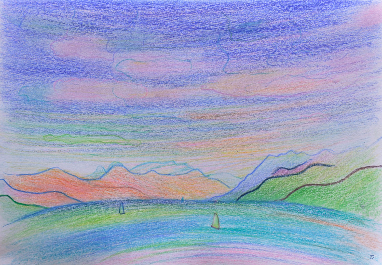 Lac Léman, St Prex, 50. Crayon de couleur sur papier, 21x29, 2023
