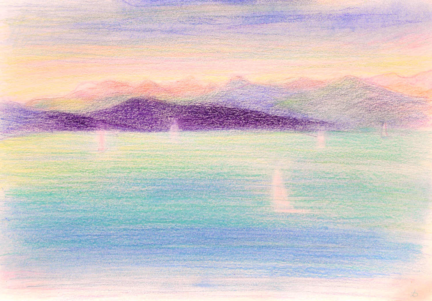 Lac Léman, St Prex, 52. Crayon de couleur et pastel sur papier, 21x29, 2023