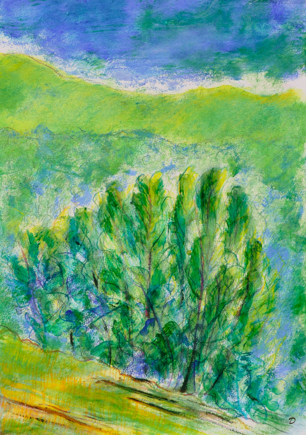 Genolhac, Cévennes. Crayon de couleur, aquarelle, pastel tendre et huile sur papier. 42x30, 2023