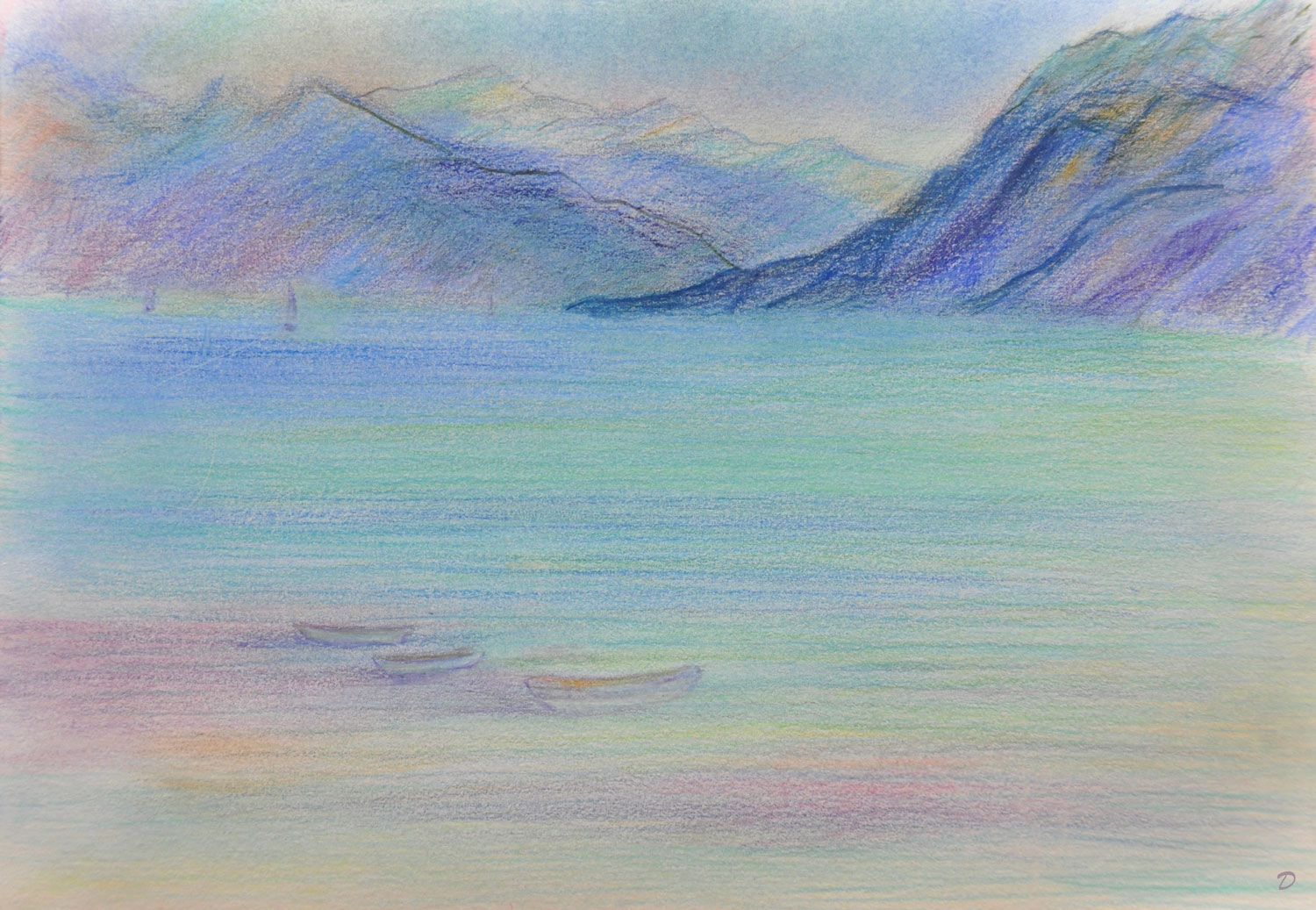 Lac Léman, St Prex, 54. Crayon de couleur et pastel tendre sur papier, 21x29, 2023