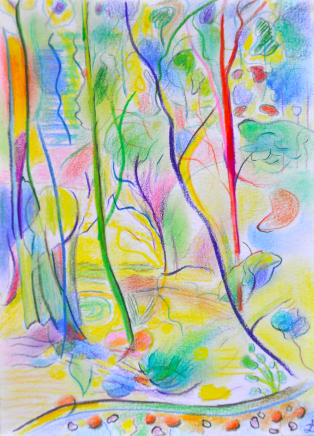 Forêt et étang, 44. Crayon de couleur et pastel tendre sur papier. 21x15, 2024