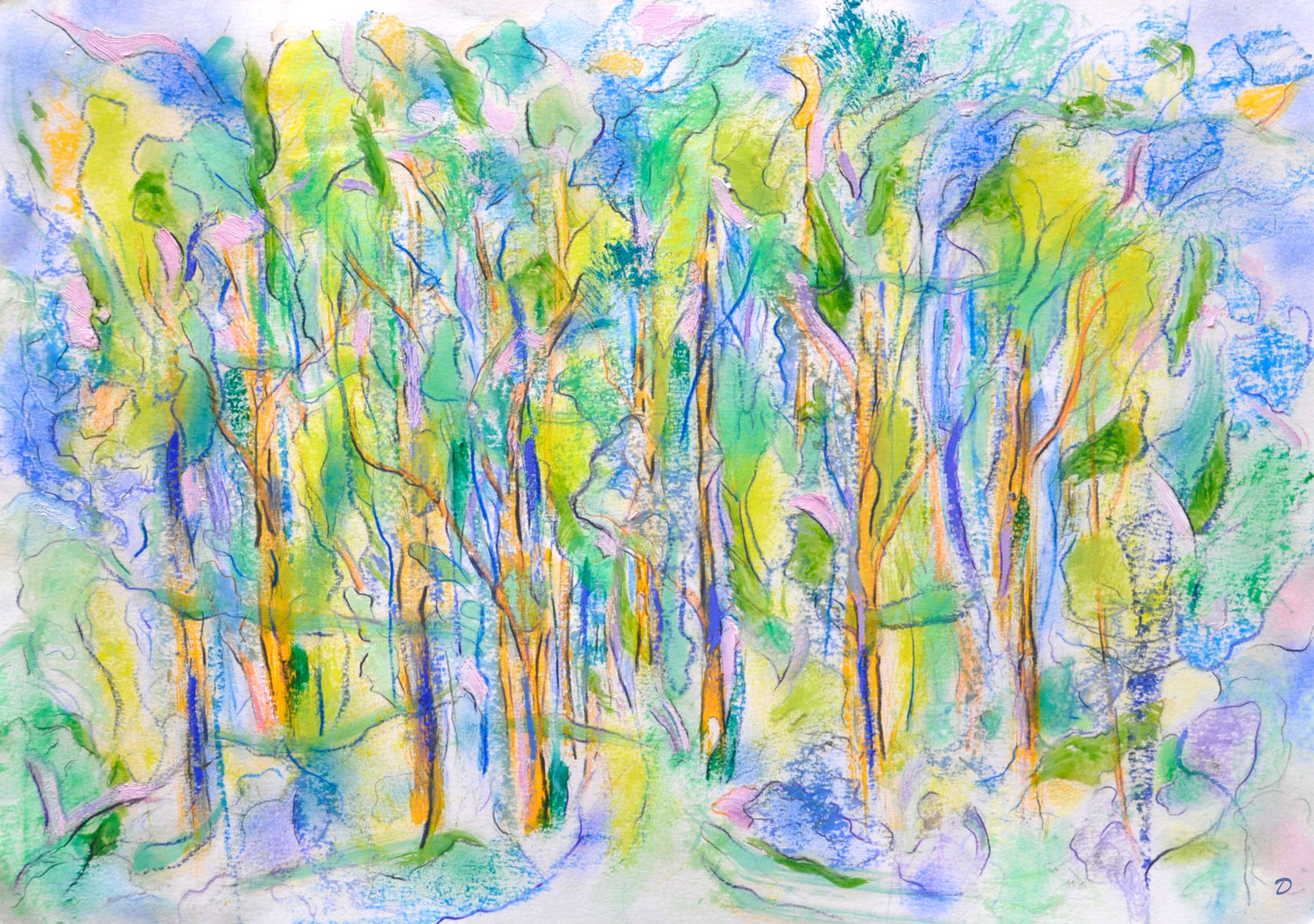 Forêt, 37, retouchée. Huile, pastel à l'huile, pastel tendre et crayon de couleur sur papier. 30x42, 2024