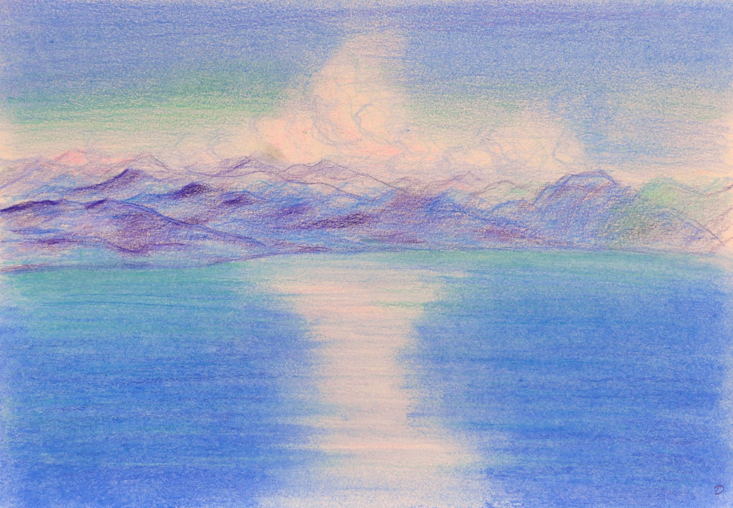 Lac Léman, St Prex, 56. Crayon de couleur et pastel tendre sur papier, 21x29, 2024