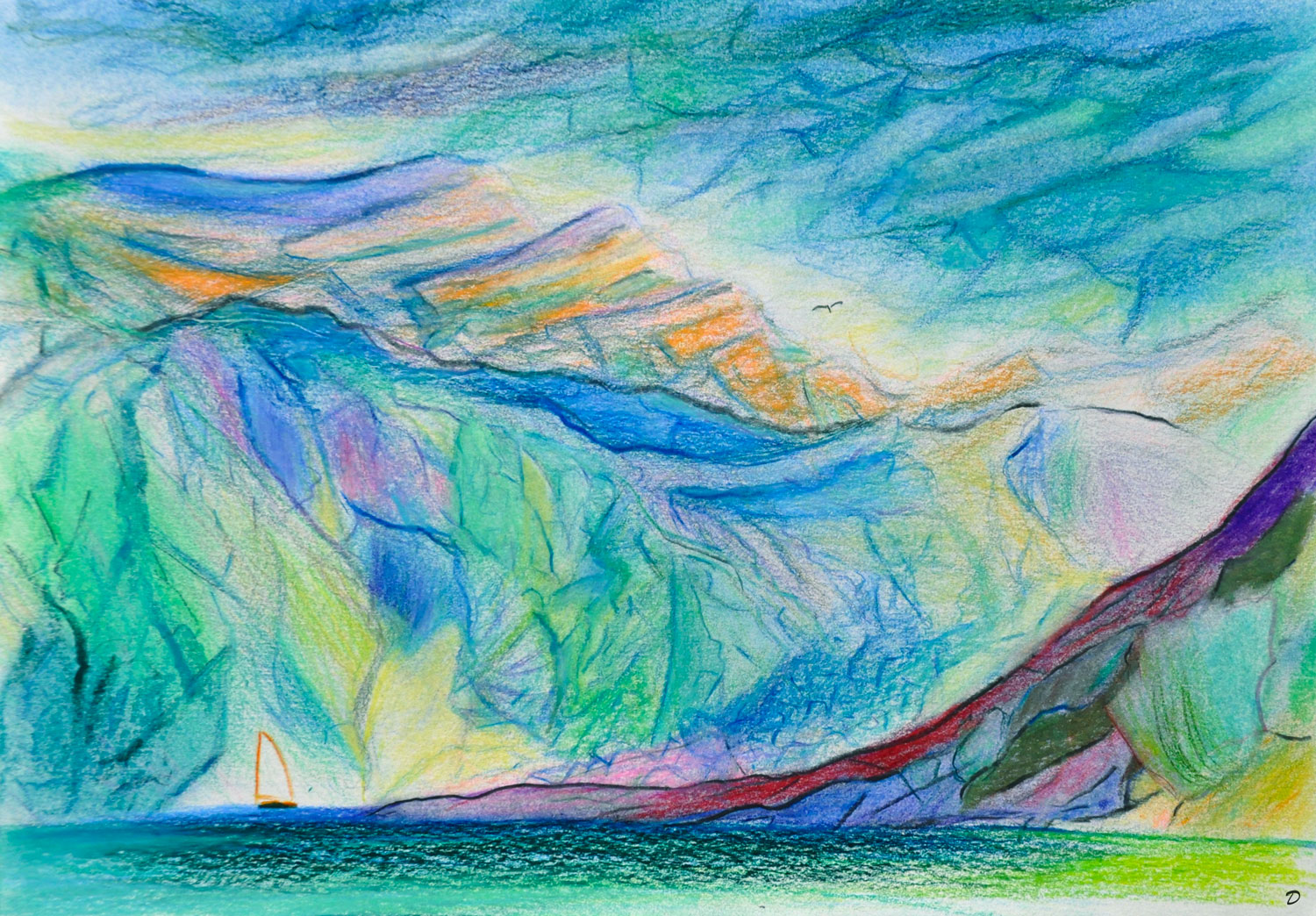 Lac Léman, St Prex, 57. Crayon de couleur et pastel tendre sur papier, 21x29, 2024