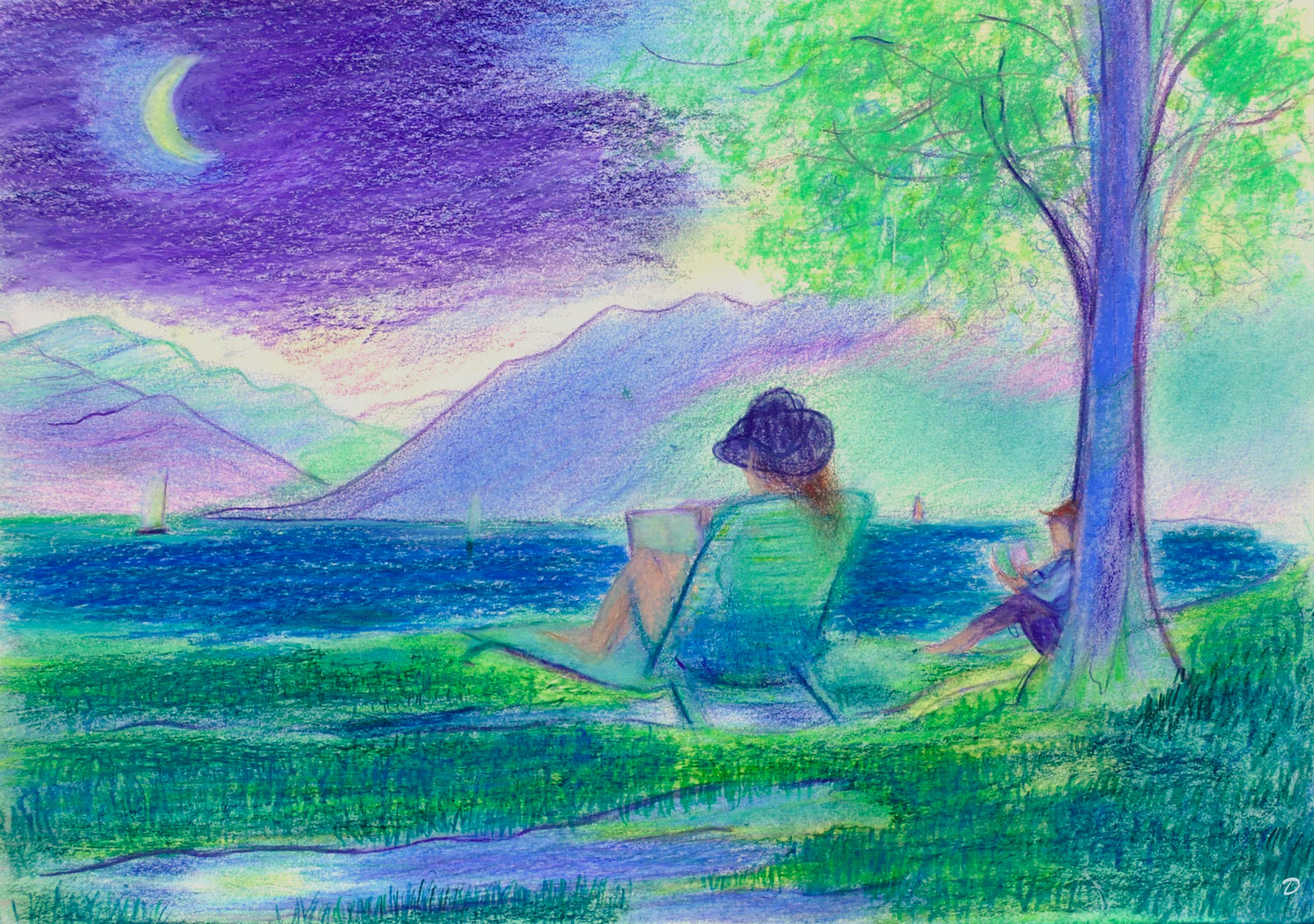 Lac Léman, St Prex, 55. Crayon de couleur et pastel tendre sur papier, 21x29, 2024
