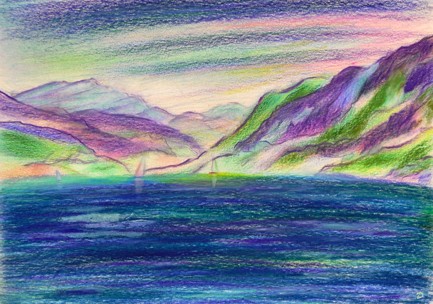 Lac Léman, St Prex, 58. Crayon de couleur et pastel tendre sur papier, 21x29, 2024