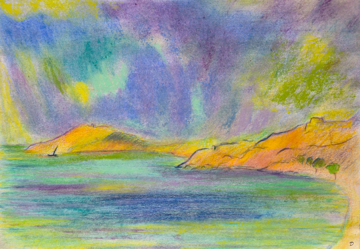 Loin Port-Vendres 14, Crayon de couleur et pastel tendre sur papier, 21x29, 2024