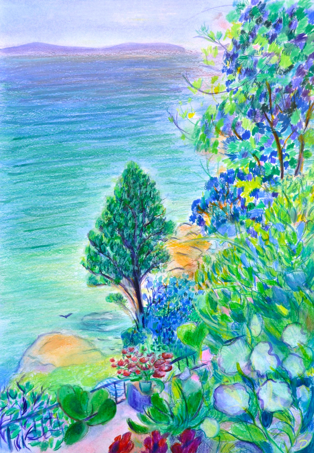 Balcon sur la mer, Pramousquier. Crayon de couleur, pastel tendre et à la cire, aquarelle sur papier, 42x30, 2024. 