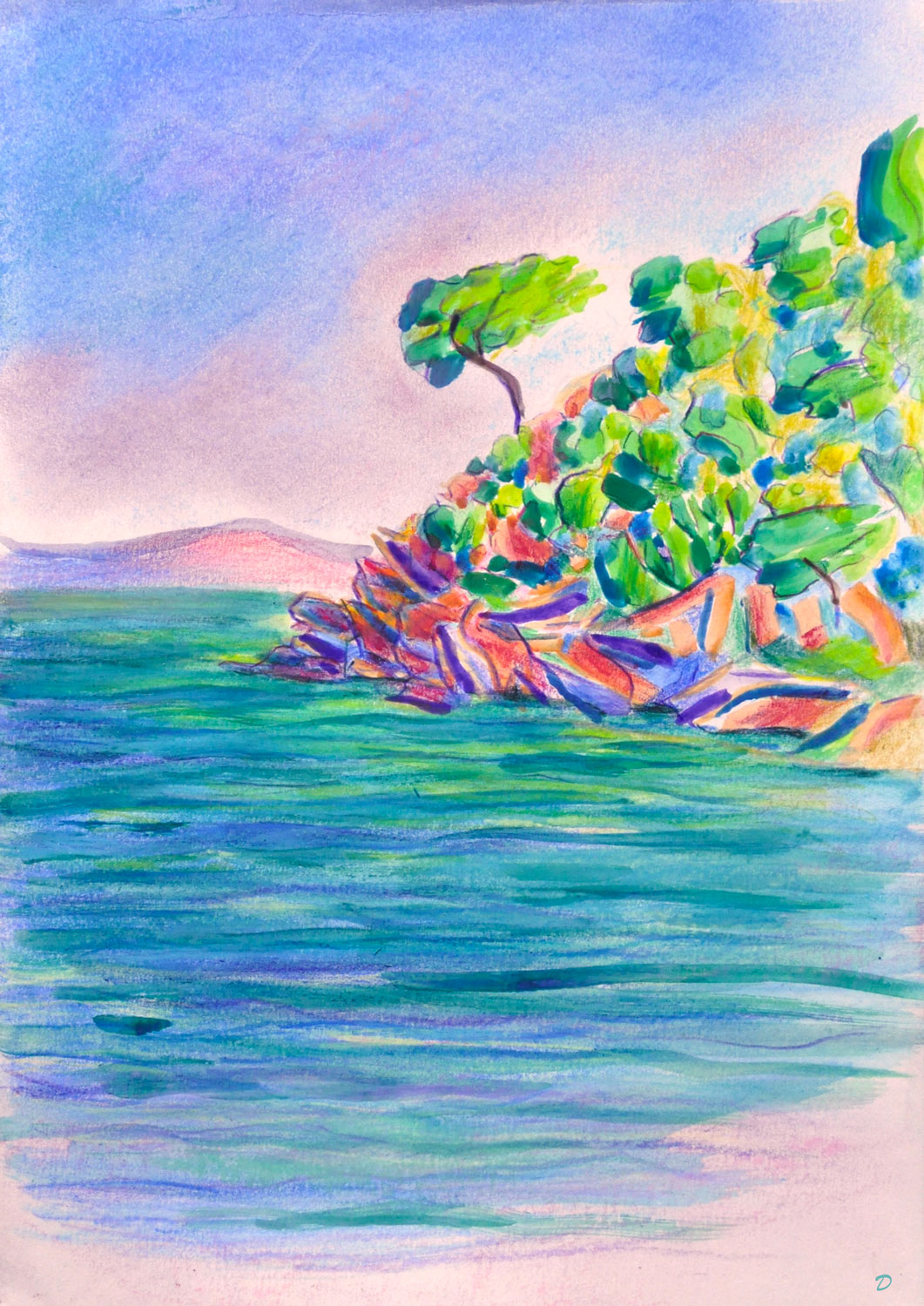 Le pin et roches rouges, Pramousquier. Eau de mer, aquarelle, crayon de couleur et pastel tendre sur papier, 29x21, 2024