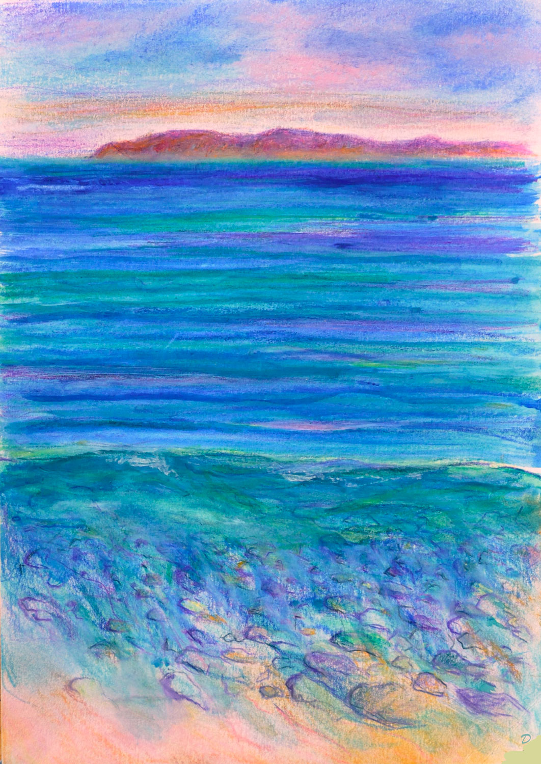 Reflux, Pramousquier. Eau de mer, aquarelle, crayon de couleur et pastel tendre sur papier, 29x21, 2024