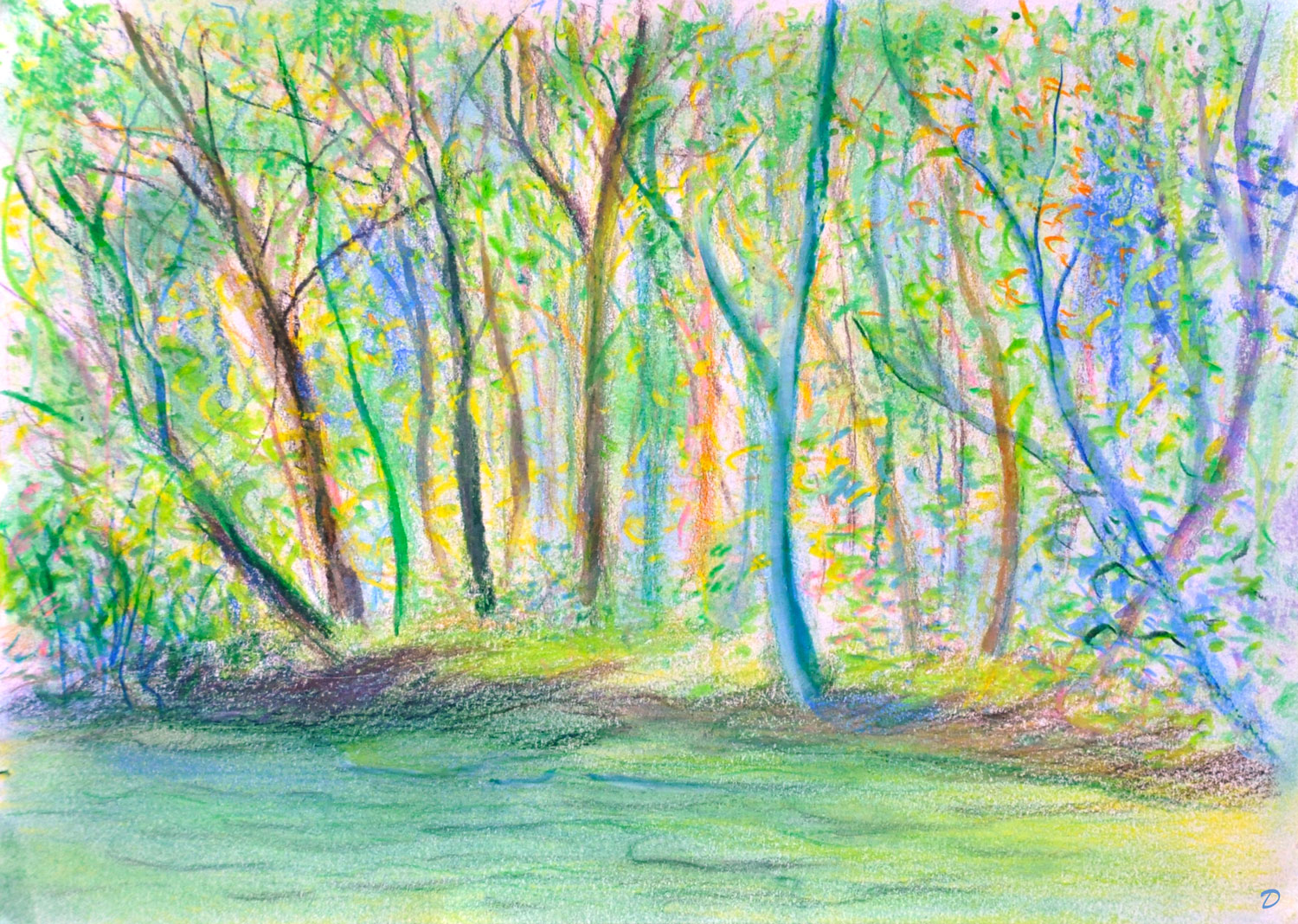 Venoge au printemps, La Sarraz. Crayon de couleur, pastel tendre et aquarelle sur papier. 15x21, 2024