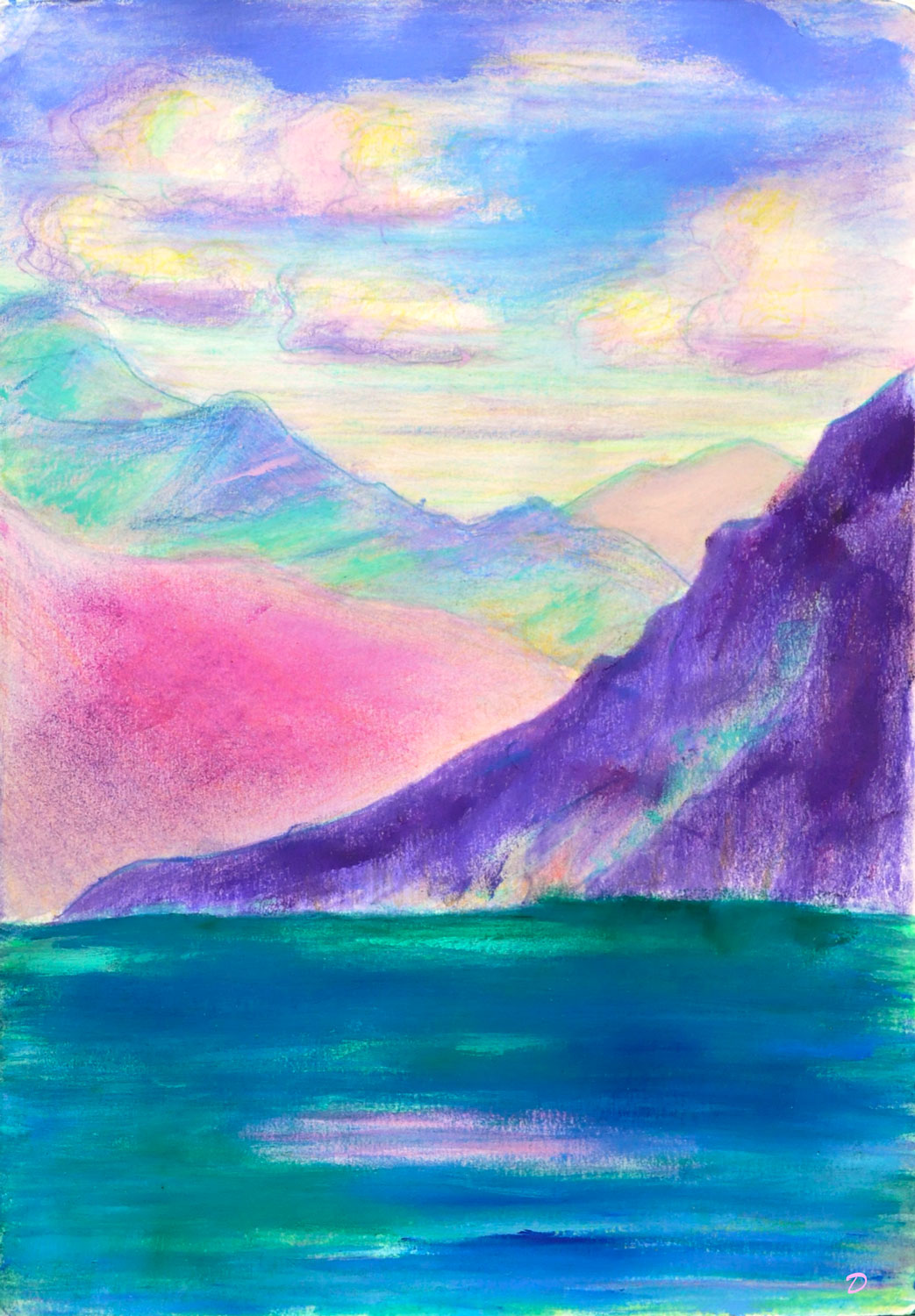Lac Léman, St Prex, 68. Crayon de couleur, pastel tendre et huile sur papier, 29x21, 2025