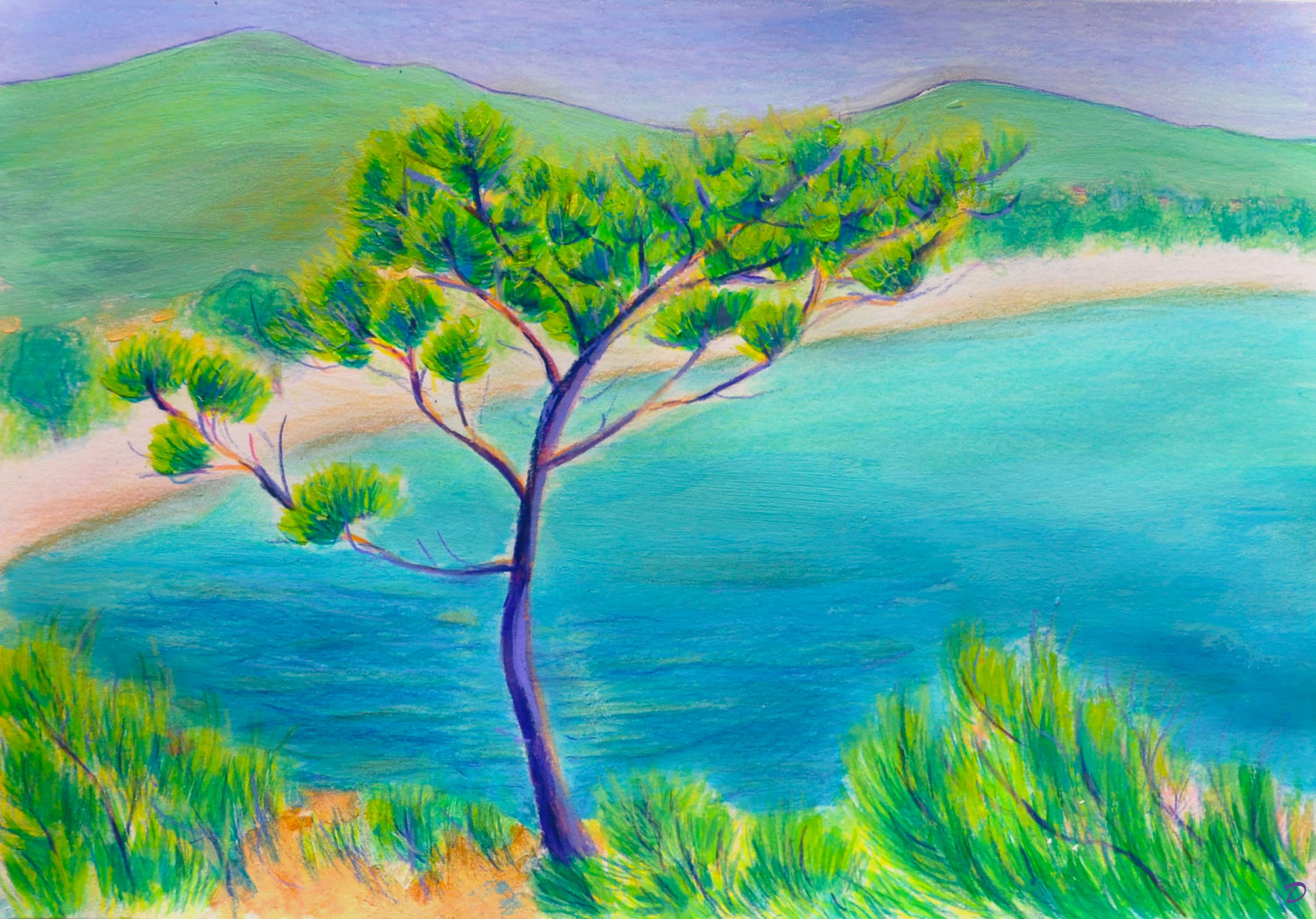 La baie de Pramousquier, 5. Crayon de couleur, pastel tendre et à la cire sur papier, 21x29, 2025