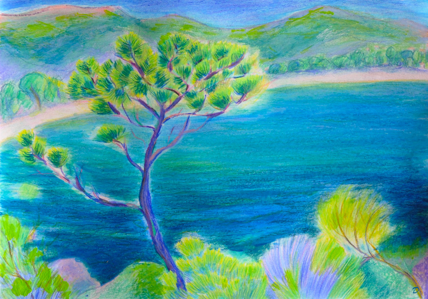 La baie de Pramousquier, 6. Crayon de couleur, pastel tendre et à la cire sur papier, 21x29, 2025