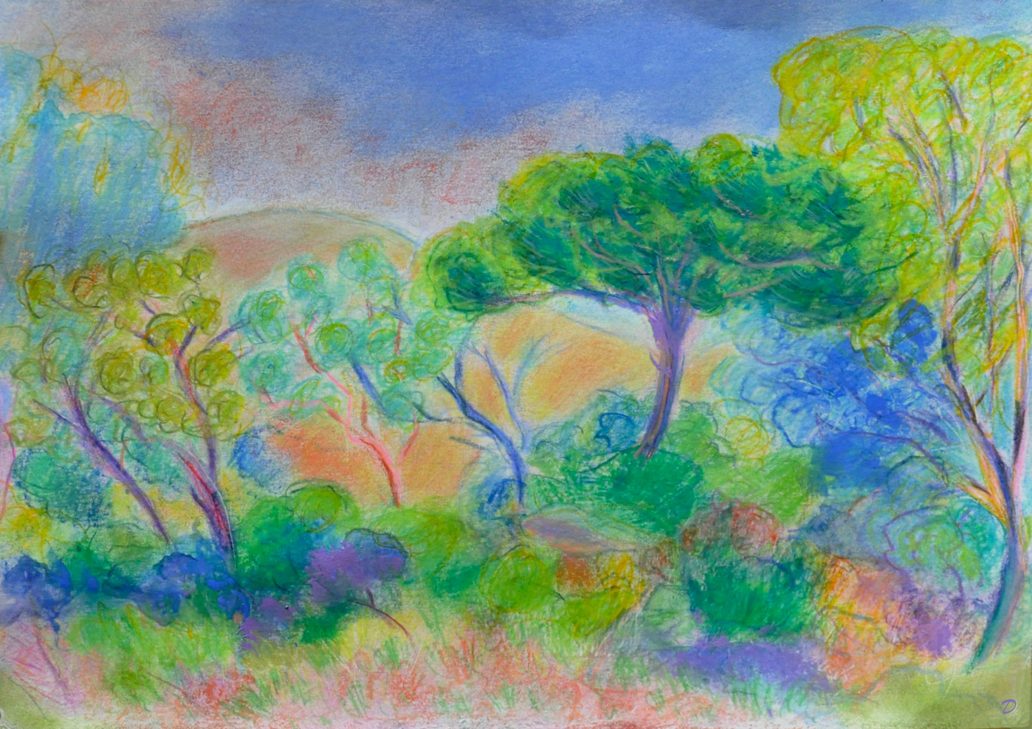 Orageux sur la dune, Pramousquier. Crayon de couleur, pastel tendre et huile sur papier. 21x29, 2026