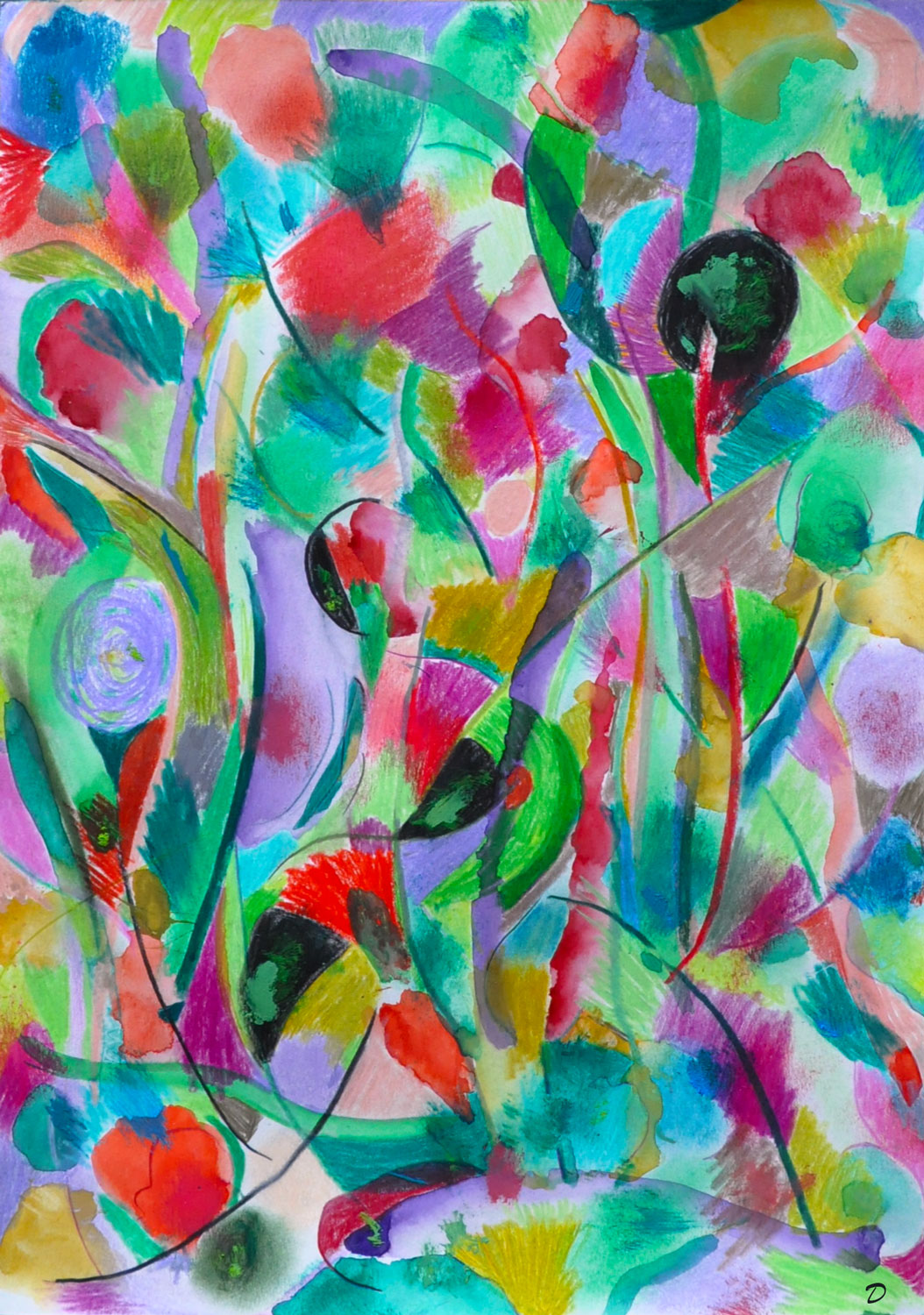 Forêt, 53. Crayon de couleur, aquarelle, pastel tendre, et traces d'huile sur papier. 42x30, 2026