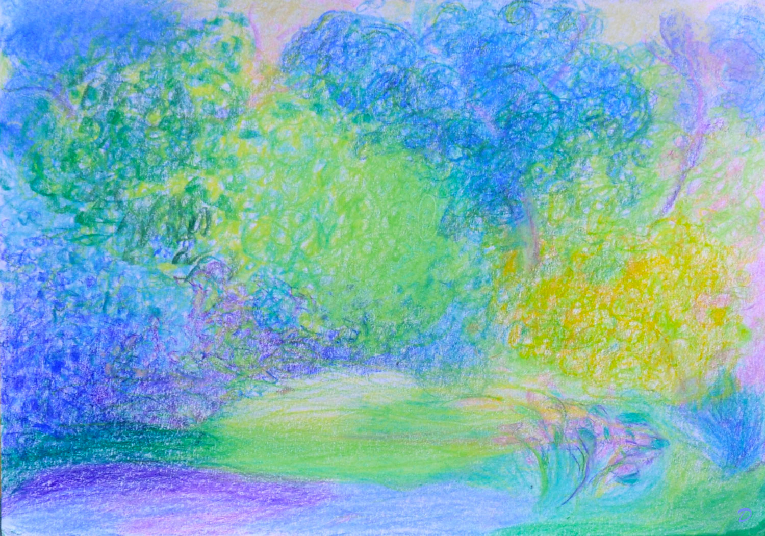 Le matin dans le jardin, Beg Meil. Crayon de couleur et pastel tendre sur papier, 21x29, 2026